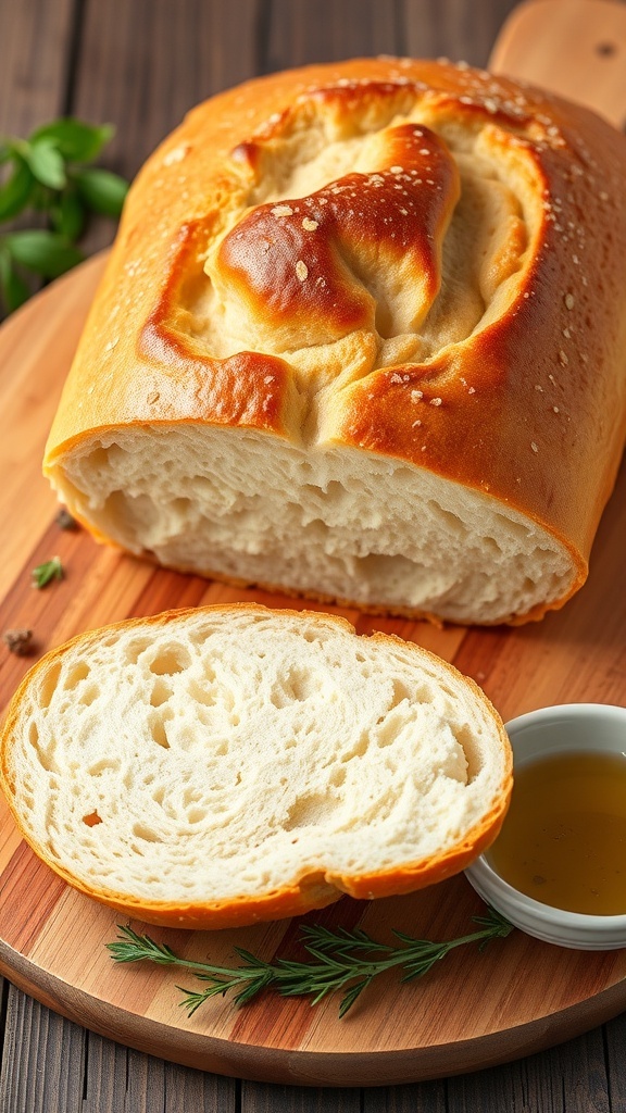 A golden brown homemade yeast bread loaf sliced on a cutting board, with herbs and olive oil.